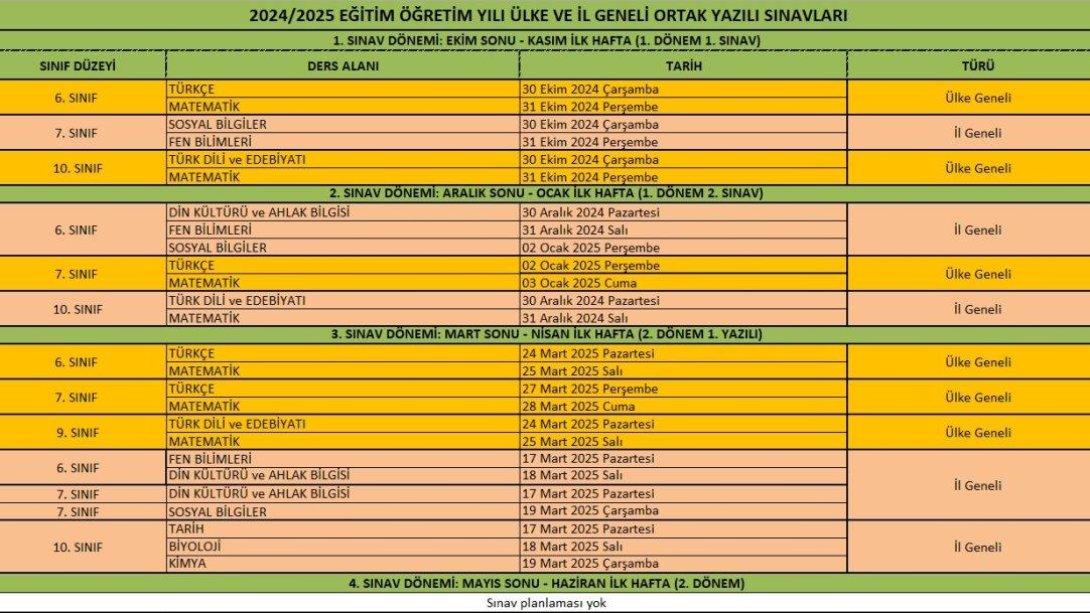 2024/2025 EĞİTİM ÖĞRETİM YILI İL GENELİ ORTAK YAZILI SINAV TAKVİMİ AÇIKLANDI !